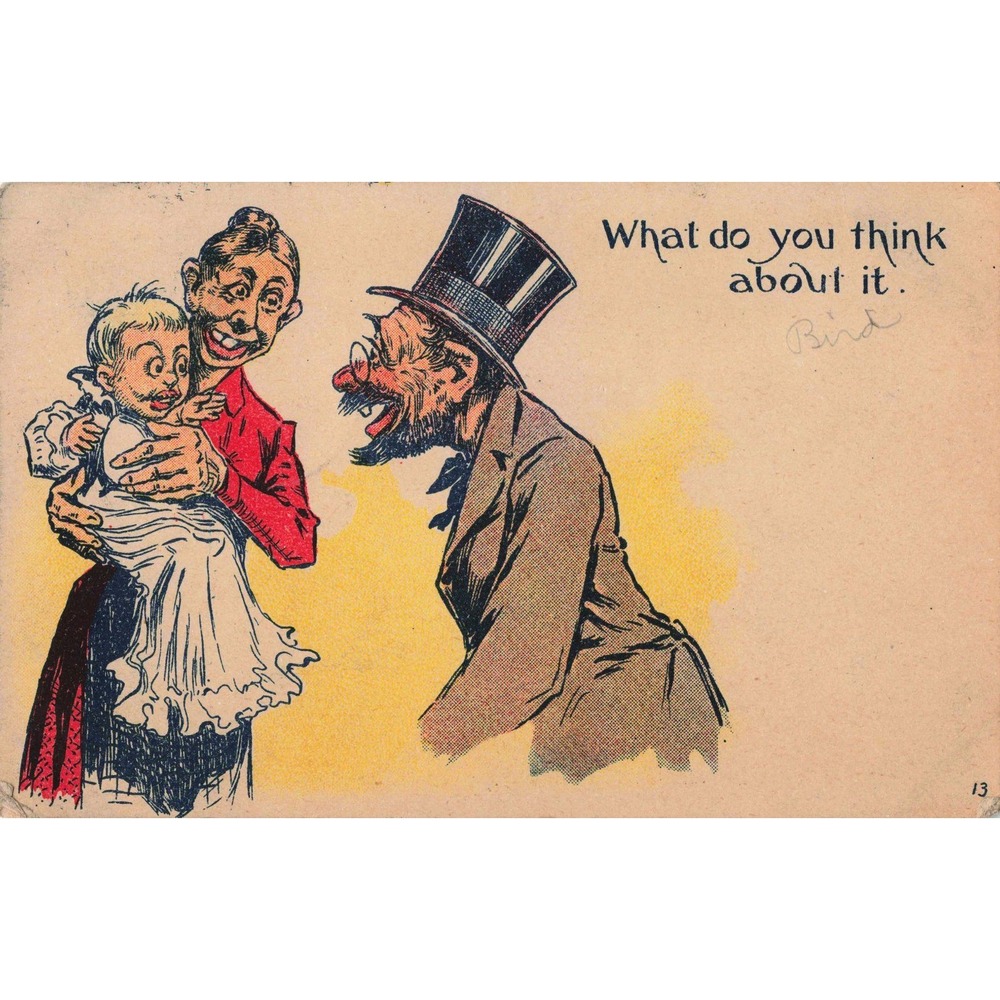 Antique Humorous Postcard Top Hat Man Woman Baby Caricature 1c Franklin Stamp VG - Picture 1 of 2